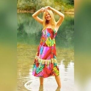 Farm Rio Anthropologie Palila Empire Waist Fringe Colorful Tropical Dress